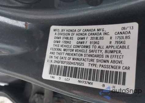 2013 Honda Civic Lx z USA, uszkodzony, nr VIN 2HGFB2F55DH579525